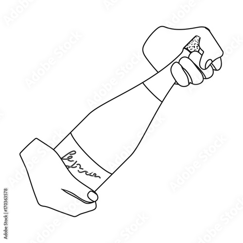A bottle of champagne in hands. Champagne single icon in outline style vector symbol stock illustration web.