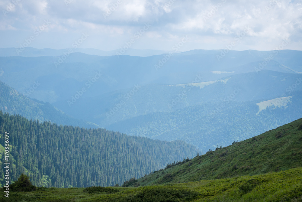 Travel, trekking. Summer landscape - mountains, green grass, trees and blue sky. Horizontal frame Travel, trekking. Summer landscape - mountains, green grass, trees and blue sky. Horizontal frame
