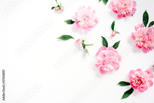 Flower pattern of pink peony flowers, branches, leaves and petals on white background. Flat lay, top view. Peony flower texture. © Floral Deco
