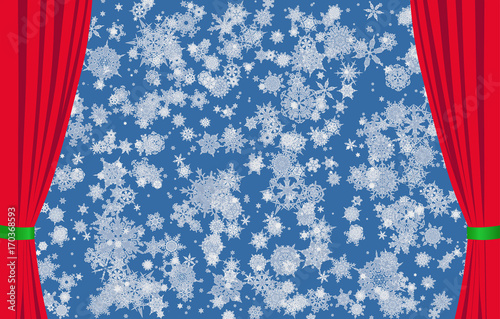 Snowflakes on blue background and red curtains