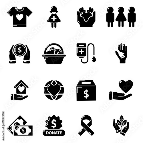 Charity icons set, simple style