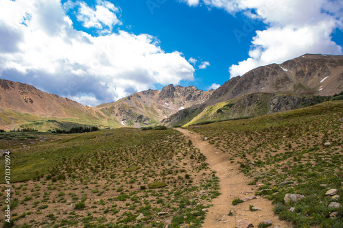 Mountain trail  green meadow and distant mountains  Colorado. USA