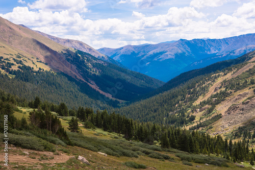 View on a mountains and hills with green grass on it and blue sky. Colorado. Mountain Evans. Denver. USA