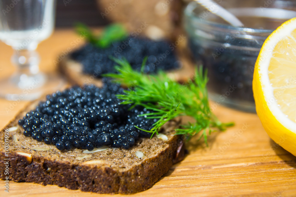 Fresh caviar for snacks and alcohol. Russian appetizer.
