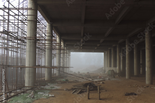 Construction site in fog
