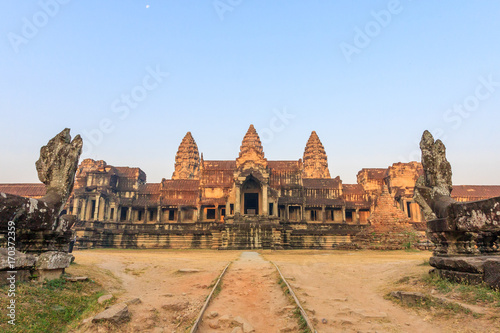 Angkor Wat temple in the morning. World Largest Religious Monument, Prasat Angkor Nokor Wat Temple Complex, Siem Reap. Ancient Khmer Architecture. Tourist Attraction, Travel Destination In Asia. photo