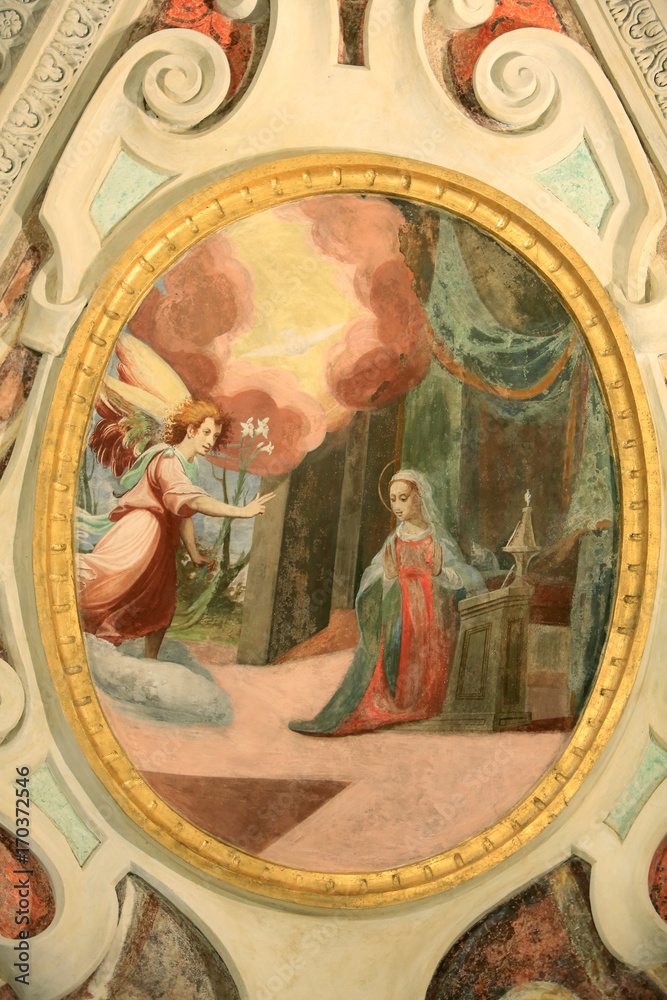 Obraz premium Visite de l'archange Gabriel à Marie. Sanctuaire Madonna del Sasso. XVIe siècle. Locarno. Orselina. Suisse. Visit of the Archangel Gabriel to Mary.