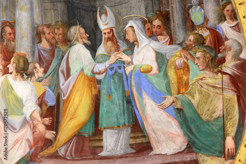 Mariage de la Vierge-Marie et de Saint-Joseph. Sanctuaire Madonna del Sasso. XVIe siècle. Locarno. Orselina. Suisse. Marriage of the Virgin Mary and St. Joseph.