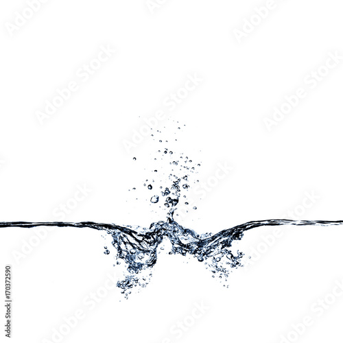 Blue water splash, water drops and bubbles isolated on white