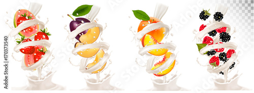 Big collection of fruit in a milk splash. Strawberry, blackberry, plum, peach, strawberry, guava.  Vector Set
