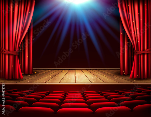 Festival night show poster. A theater stage with a red curtain and a spotlight. Vector.