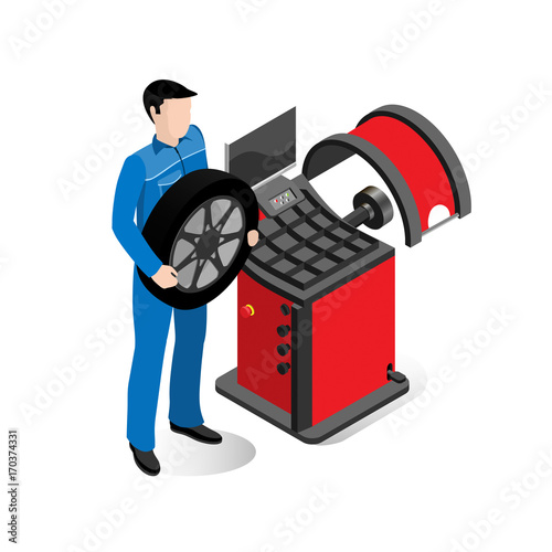 Wheel repair specialist, equipment for car service, balancing machine on a white background, isometric image