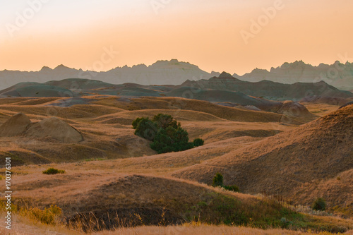 Scenic view at sunset in Badlands National Park.