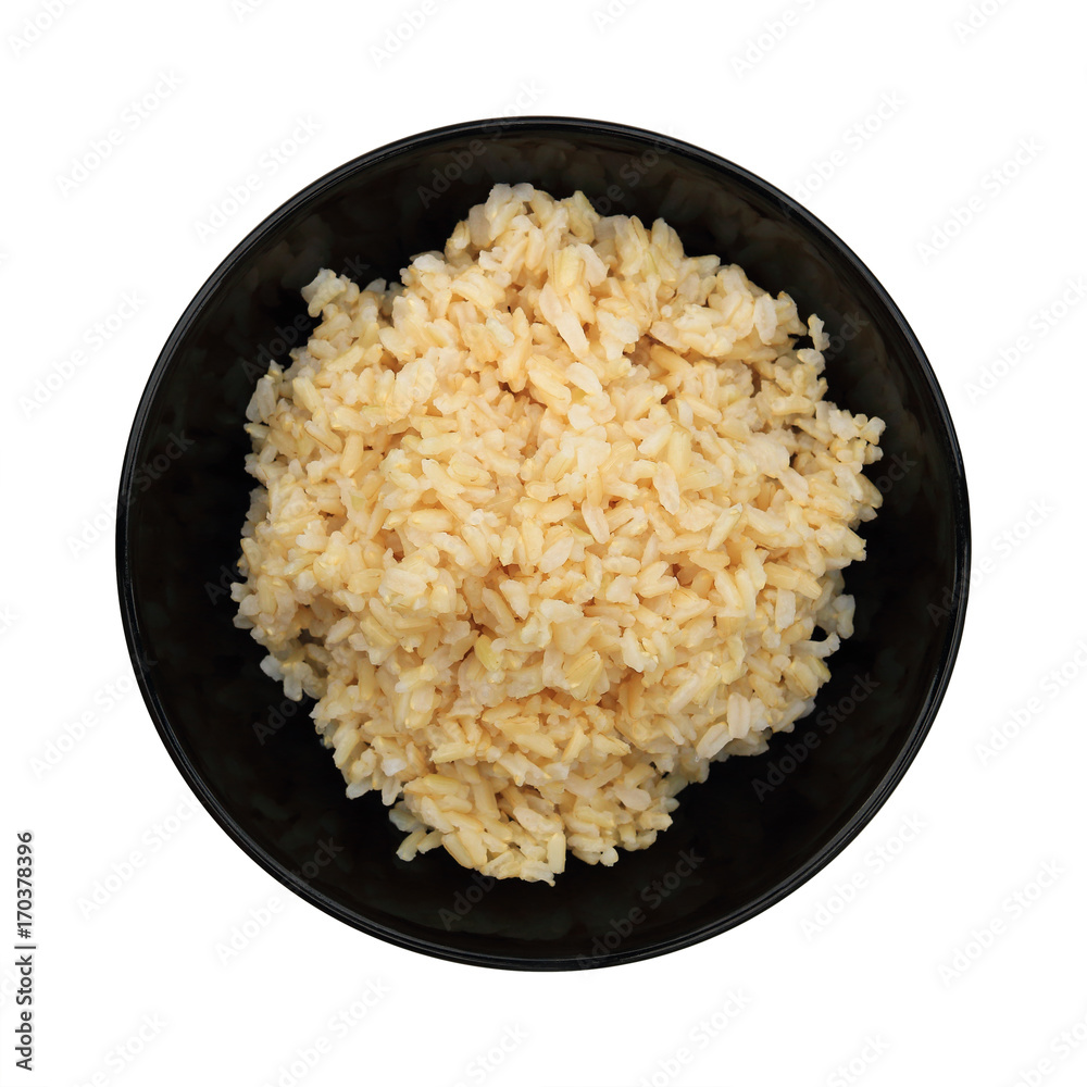 steamed healthy unpolished brown rice in black bowl isolated on white steamed healthy unpolished brown rice in black bowl isolated on white