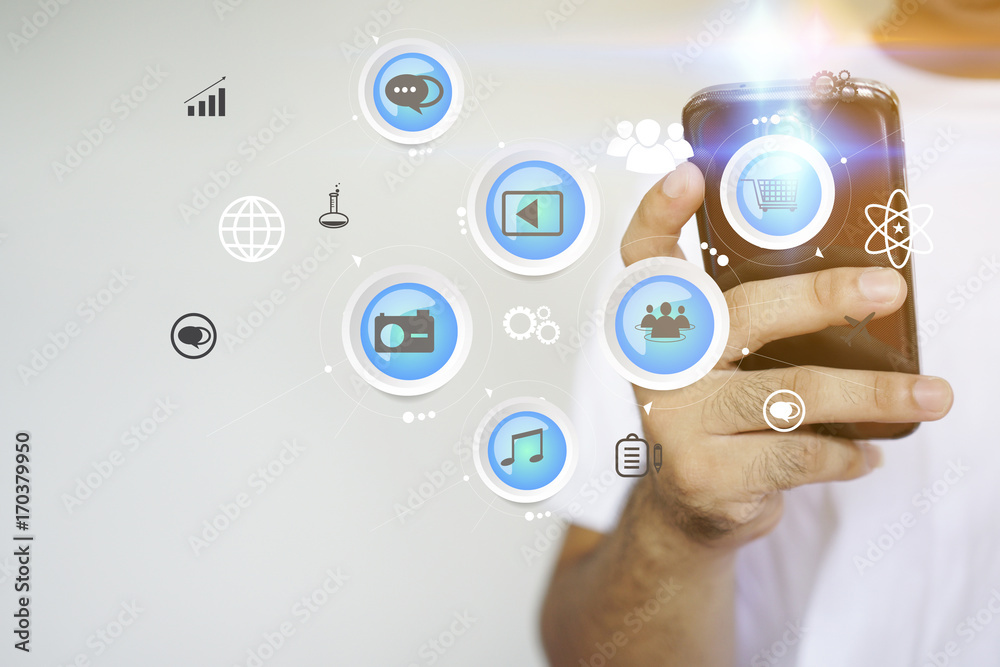 Hand touch screen smart phone, icons interface on screen, Social media, connect to the future concept. Hand touch screen smart phone, icons interface on screen, Social media, connect to the future concept.