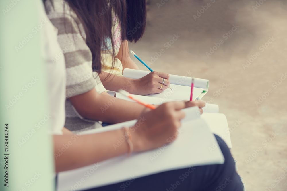 Asian students studying outdoors. Asian students studying outdoors.