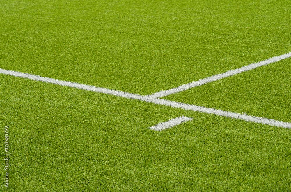 Obraz premium The white Line marking on the artificial green grass soccer field