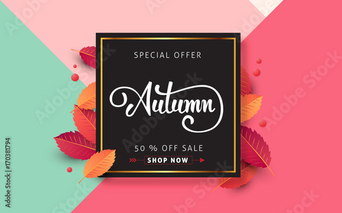 Autumn sale background layout decorate with leaves for shopping sale or promo poster and frame leaflet or web banner.Vector illustration template.