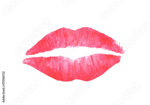 Sexy woman lips painted by pink lipstick, Lipstick kiss, Hand drawn watercolor illustration painting isolated on white background. 