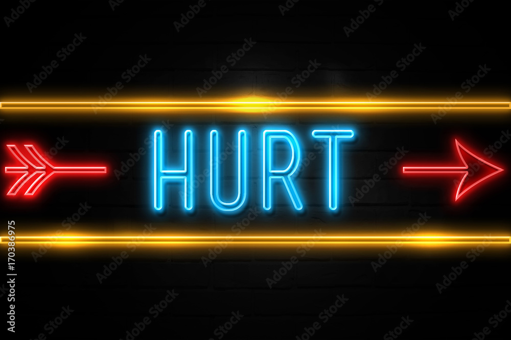 Fototapeta premium Hurt - fluorescent Neon Sign on brickwall Front view