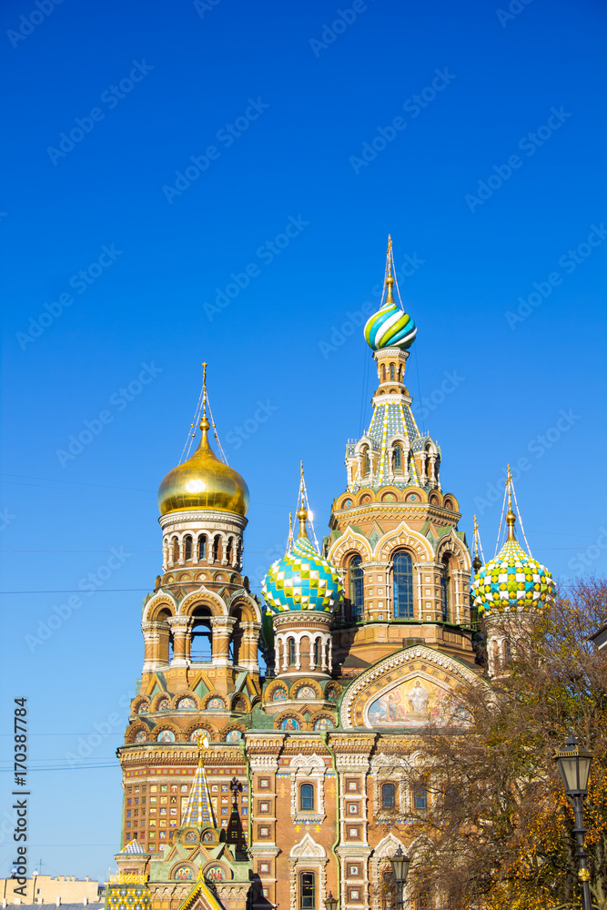 Church of the Savior on Spilled Blood, Saint Petersburg, Russia. Church of the Resurrection. Copy space