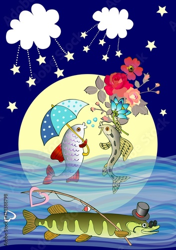 Lovely vector card with cute cartoon fish in love and cunning pike with hat, sunglasses and fishing rod against the full moon.