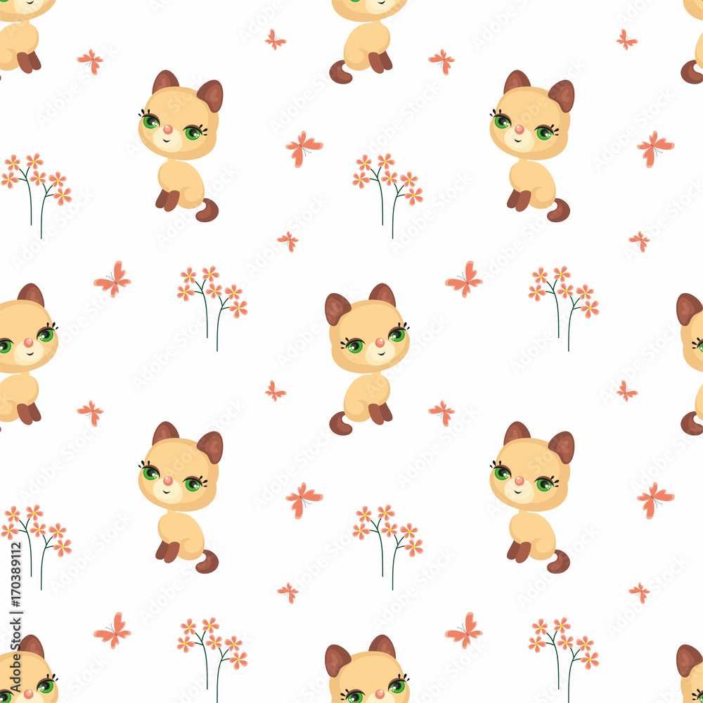 Vector colorful seamless pattern with the image of cute cats in cartoon style.