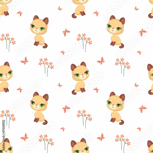Vector colorful seamless pattern with the image of cute cats in cartoon style.