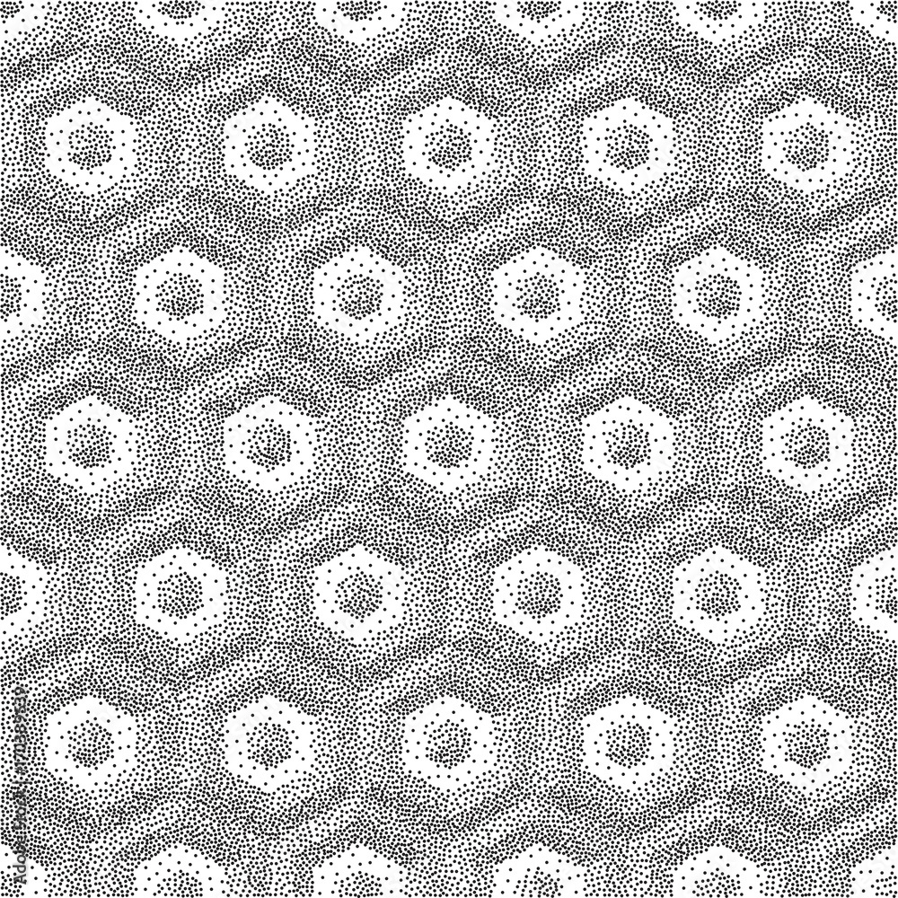 Honeycomb background. 3D mosaic. Black and white grainy design. Stippling effect. Vector illustration. Pointillism pattern.