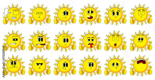 Cartoon sun making thumbs up sign with two hands. Collection with sad faces. Expressions vector set.