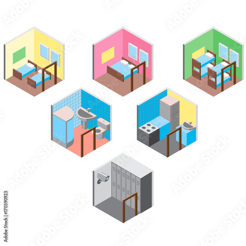 Isometric hostel rooms set vector illustration