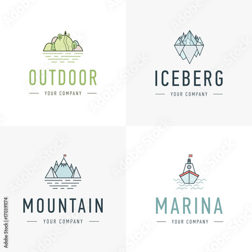 Set of mountain and outdoor adventures logo. Tourism, hiking and camping labels. Mountains and travel icons for tourism organizations, outdoor events and camping leisure. Iceberg, shep.