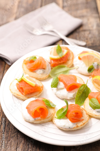 toast with cream and salmon, buffet food