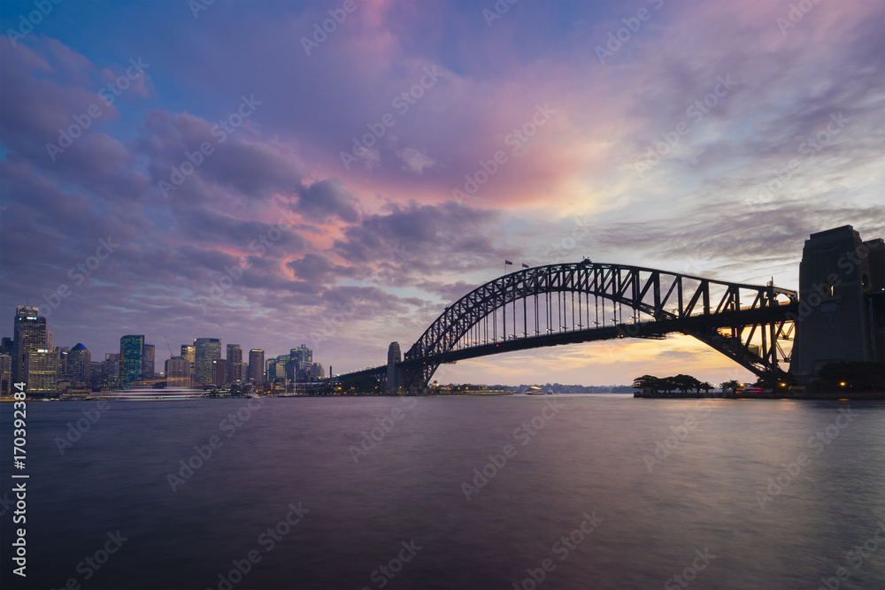 Sydney CBD and Harbour Bridge at sunset