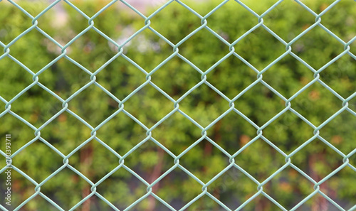Green metal grille fence and defocused nature background.
