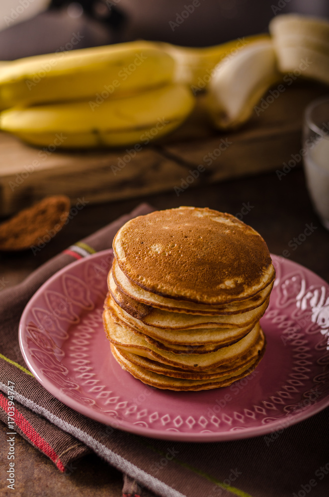 American pancakes with banana, chocolate American pancakes with banana, chocolate