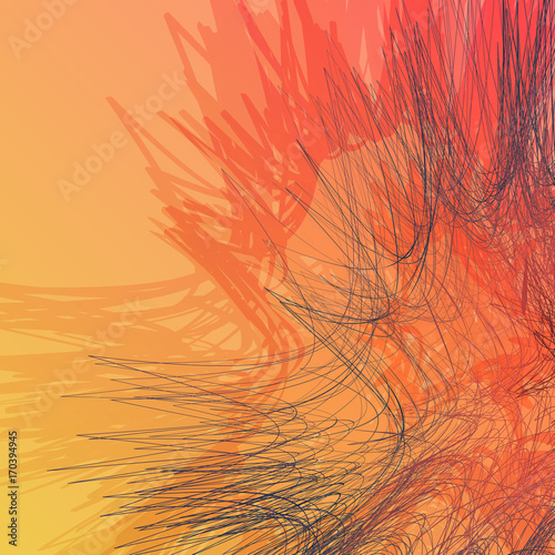 Abstract vector waves, on a warm and cool background. Futuristic style card. Elegant background for business presentations. Corrupted point sphere with bokeh. Chaos aesthetics.