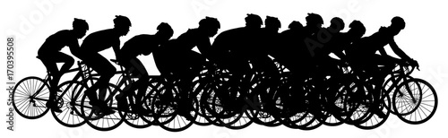 Group of bicyclists in race riding a bicycle isolated against white background silhouette vector illustration. Sport tourist company friends on bicycles . Silhouette people, mountain bike. Friendship.