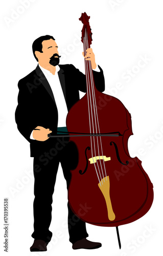 Man on street vector illustration playing contra-bass. Music man standing on the concert event. Contra bass artist.