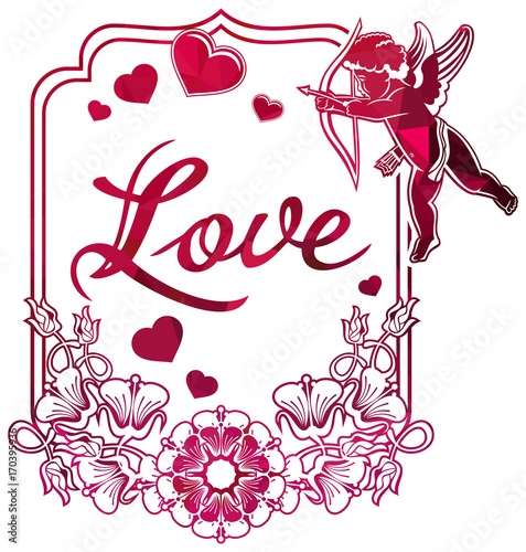 Luxurious label with silhouettes of Cupid, hearts and artistic written word 