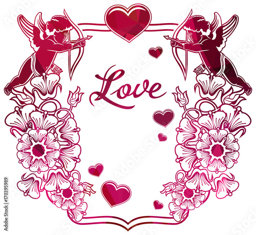 Luxurious label with silhouettes of Cupid, hearts and artistic written word 