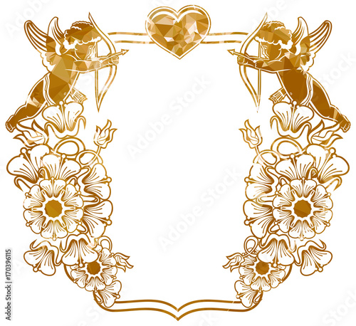 Luxurious frame with silhouettes of Cupid, hearts and flowers. Copy space. Beautiful background for your artwork. Raster clip art.