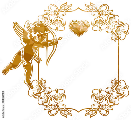 Luxurious frame with silhouettes of Cupid, hearts and flowers. Copy space. Beautiful background for your artwork. Raster clip art.