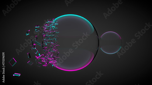 Two balls, one of them broken, with splinters. With purple and blue light. 3D render