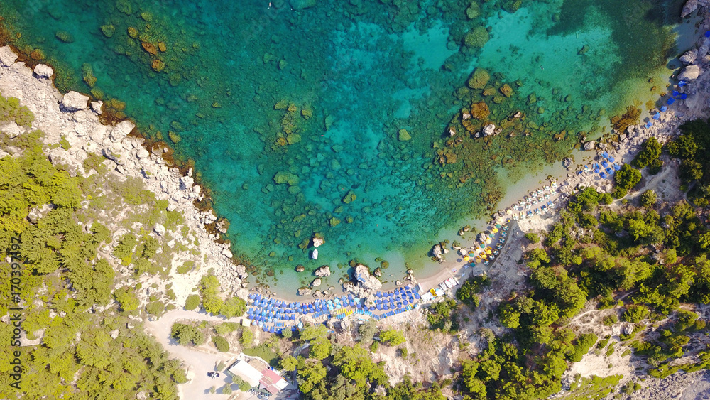 August 2017: Aerial drone photo of famous beach of Ladiko near iconic Anthony Quinn Bay, Rodos island, Aegean, Dodecanese, Greece