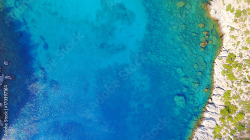 August 2017: Aerial drone photo of famous beach of Ladiko near iconic Anthony Quinn Bay, Rodos island, Aegean, Dodecanese, Greece