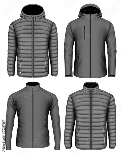Collection of men's zip-up jackets. Vector illustration.