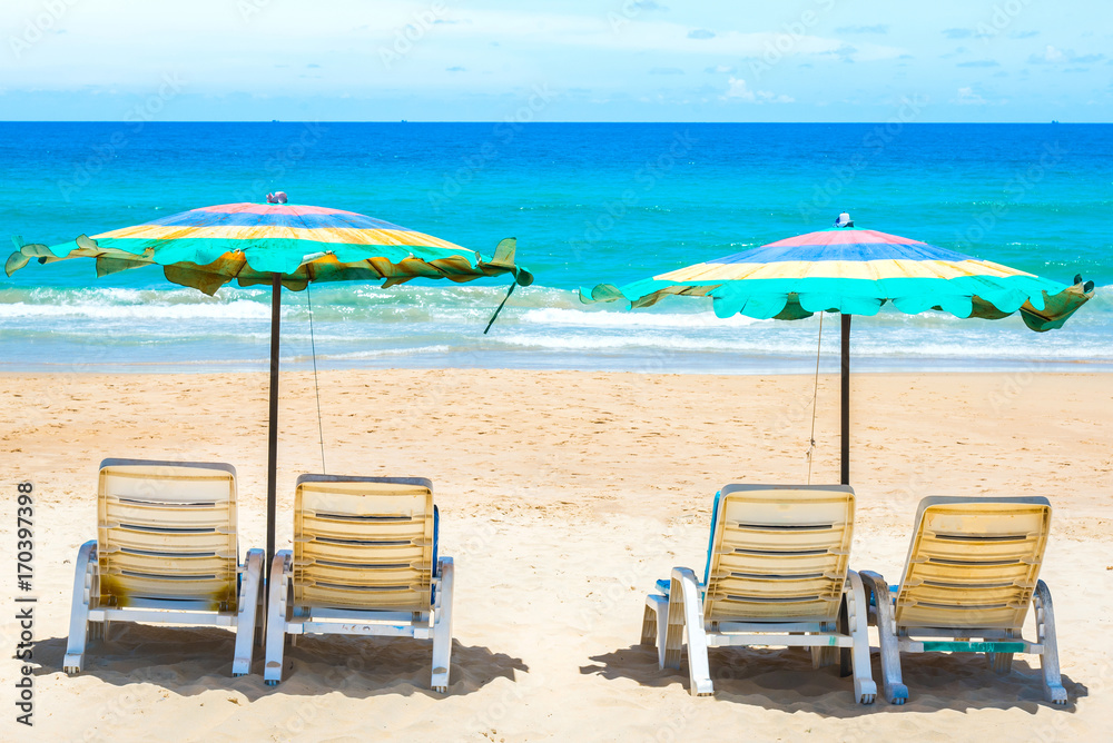 empty sandy beach with umbrellas and beach beds,Phuket,Thailand.