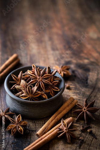 Traditional Christmas spices - star anise, cinnamon sticks and cloves for festive baking