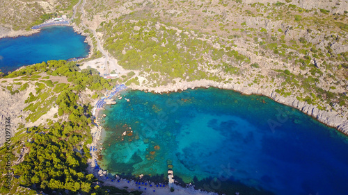 August 2017: Aerial drone photo of famous beach of Ladiko near iconic Anthony Quinn Bay, Rodos island, Aegean, Dodecanese, Greece